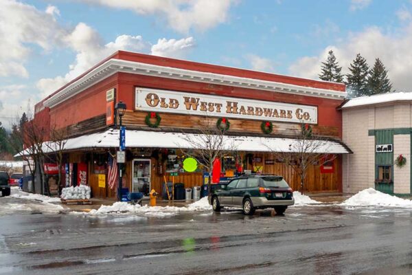 The historic main street of Spirit Lake Idaho, USA, a small historic town in the Idaho panhandle at winter.