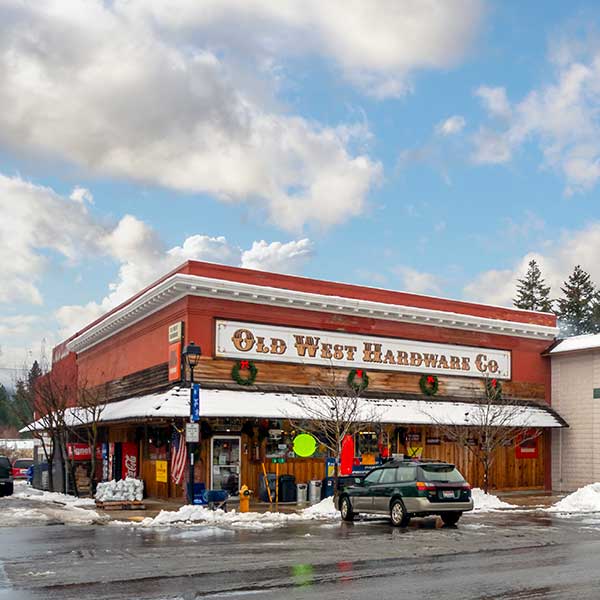 The historic main street of Spirit Lake Idaho, USA, a small historic town in the Idaho panhandle at winter.